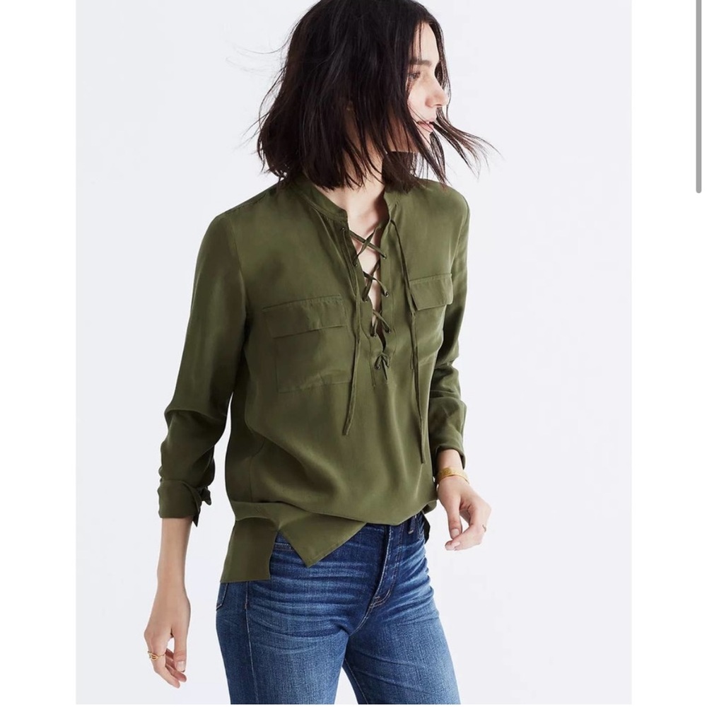 NWT Madewell Silk Lace Up Tie Shirt XSmall‎ Green Long Sleeve Blouse Popover Top